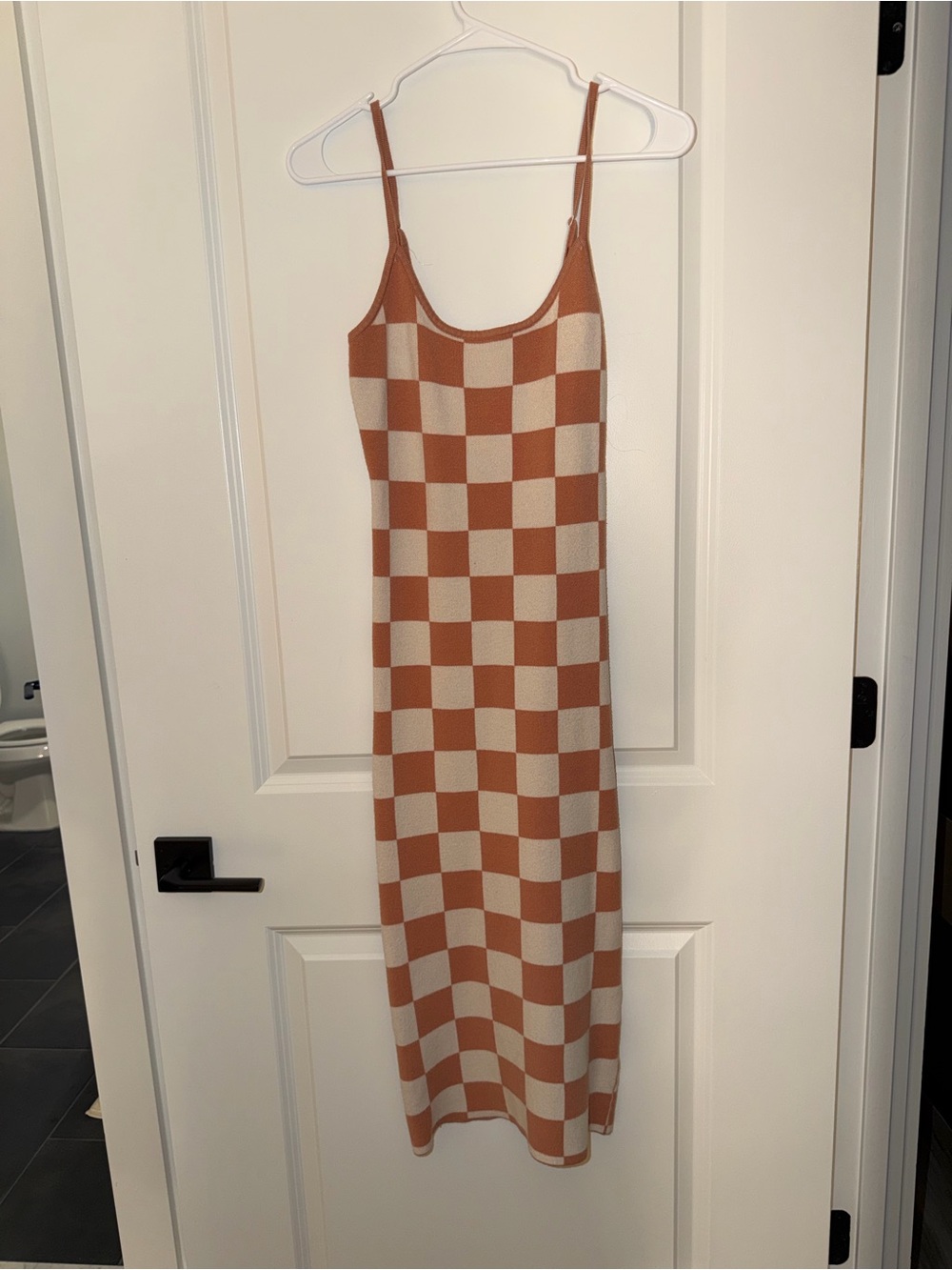 Brown & Cream Checkerboard Knit Midi Dress